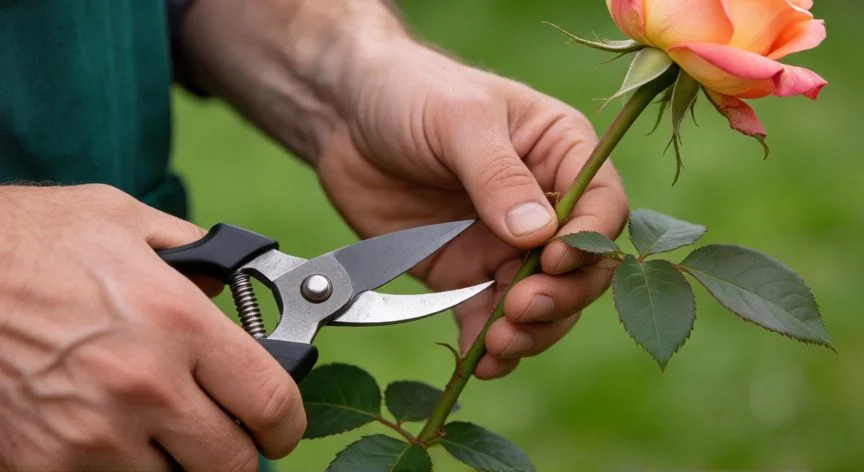 Manos cortando un esqueje de rosal semileñoso con tijeras limpias en un jardín