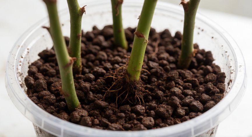 como plantar esquejes de rosal, Esquejes de rosal enraizando en sustrato de perlita