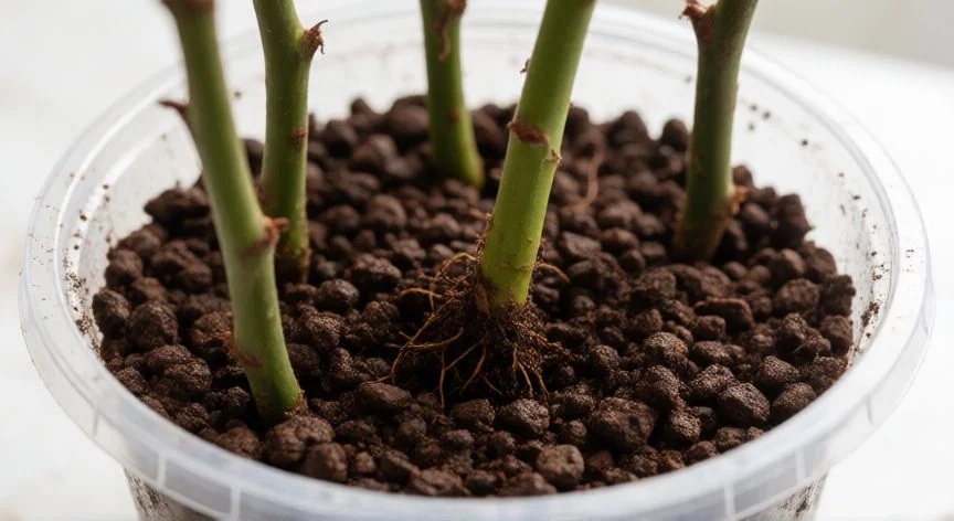 como plantar esquejes de rosal, Esqueje de rosal en maceta con bolsa de plástico creando efecto invernadero