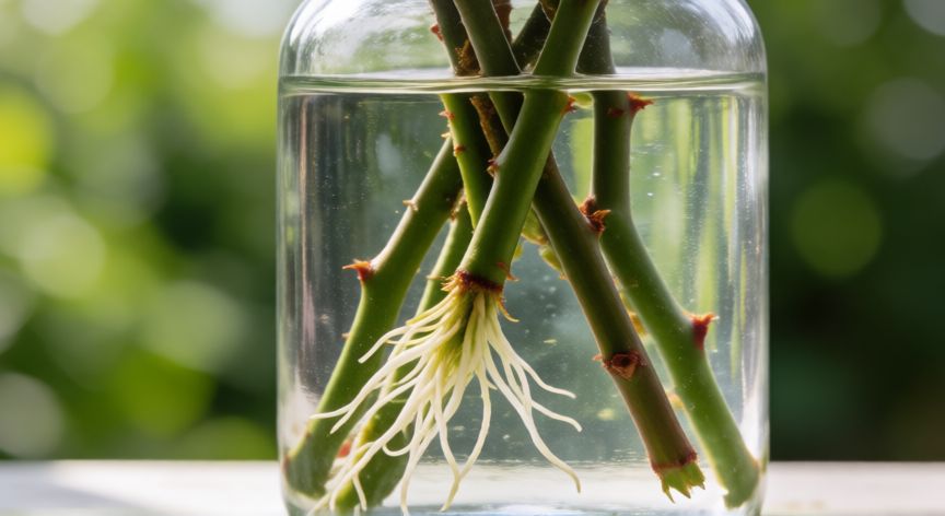 como plantar esquejes de rosal en agua, Esquejes de rosal enraizando en un vaso de agua transparente