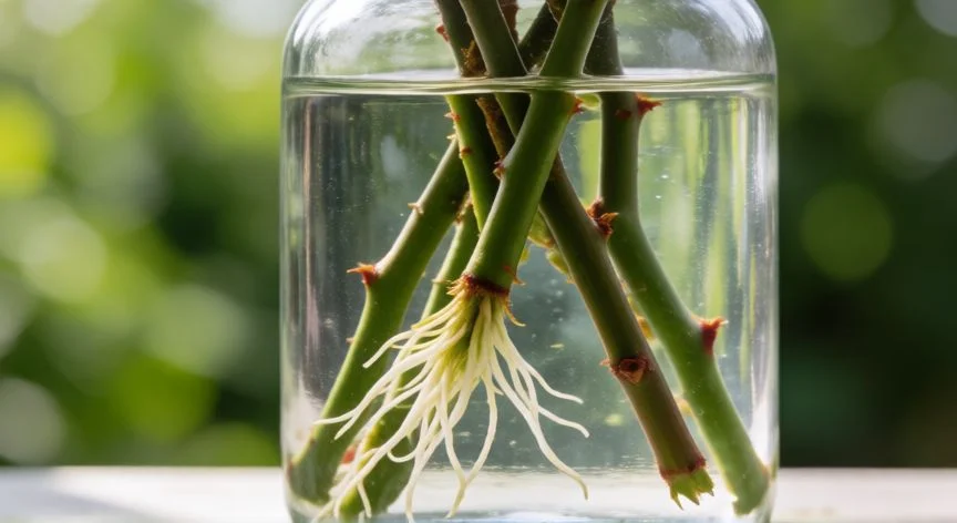 Esqueje de rosal en vaso de agua con raíces blancas emergiendo del corte diagonal