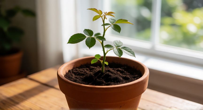 como plantar esquejes de rosal en agua, Maceta con un esqueje de rosal recién transplantado a la tierra