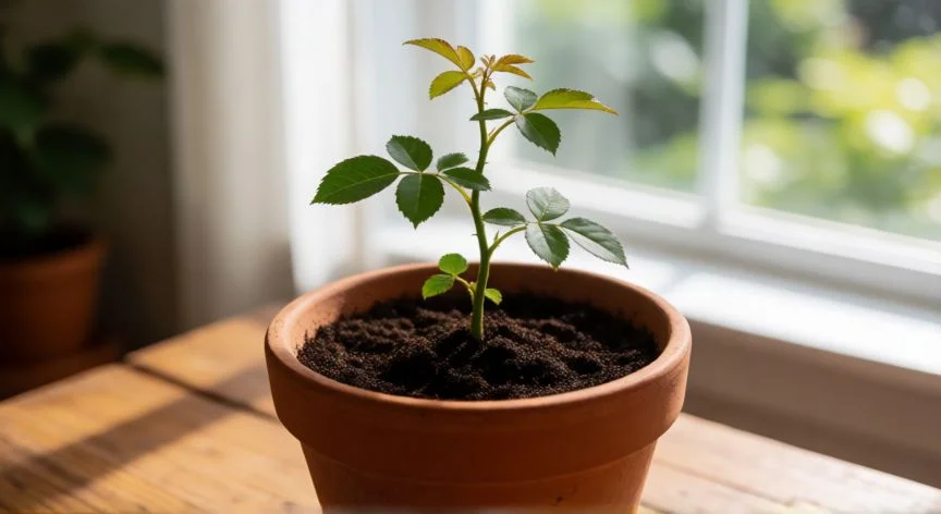 como plantar esquejes de rosal en agua, Corte diagonal a 45 grados bajo un nudo con tijeras esterilizadas y hormona de enraizamiento