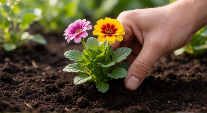como plantar flores, Manos plantando una flor en la tierra con compost