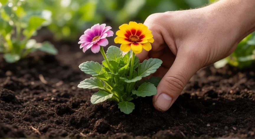 Manos plantando una flor en la tierra con compost