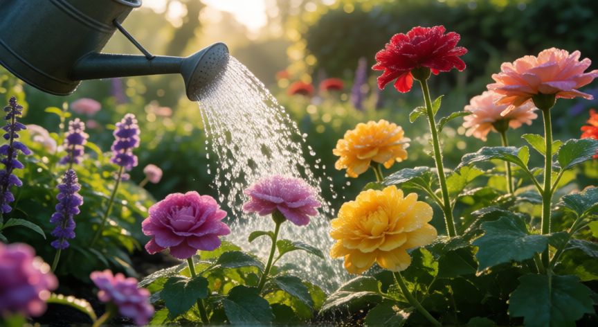 como plantar flores, Riego matutino de flores variadas en un jardín soleado