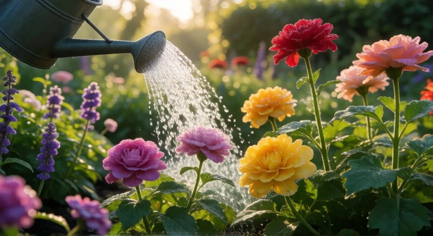 como plantar flores, Jardinera mixta con salvia, petunia y lobelia en composición equilibrada