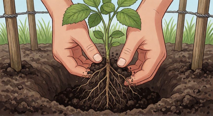 como plantar frambuesas, Técnica correcta de plantación del tallo de frambuesa en el suelo