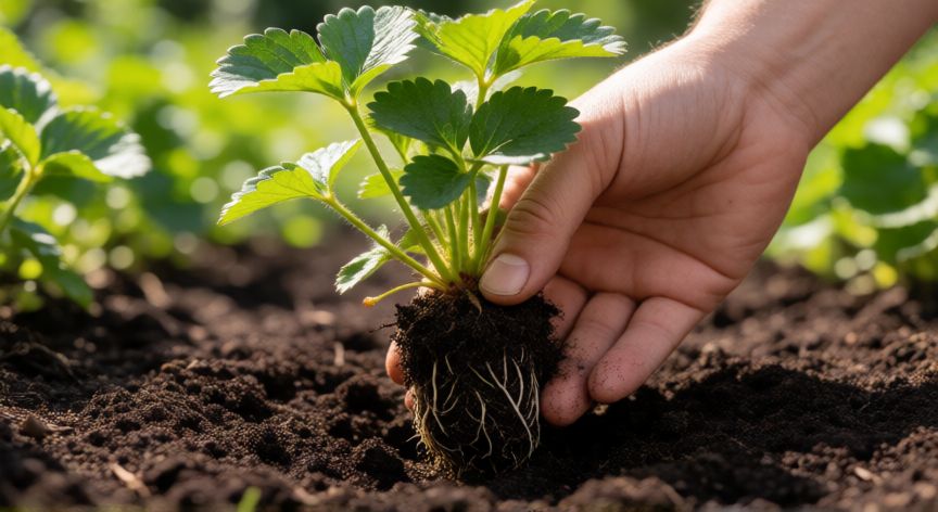 como plantar fresas, Manos plantando una fresa en el suelo