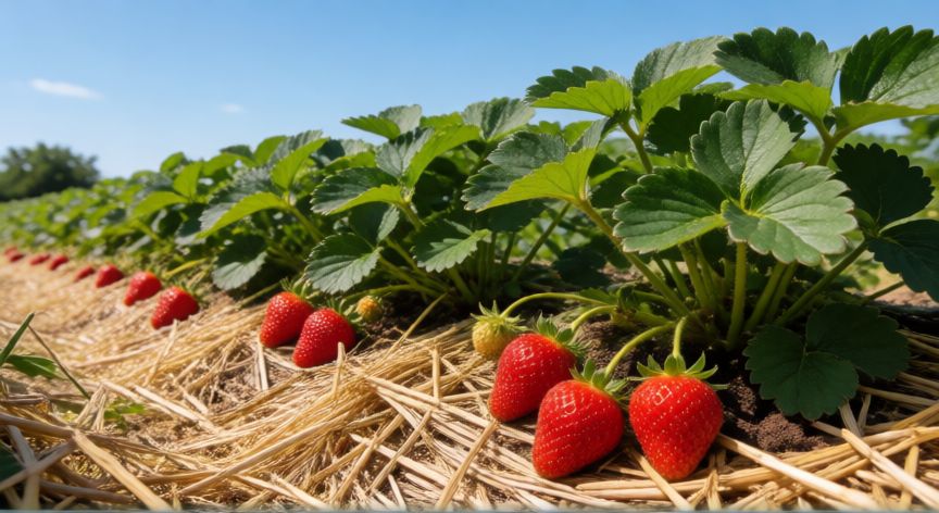 como plantar fresas, Hileras de fresas con paja como mulch
