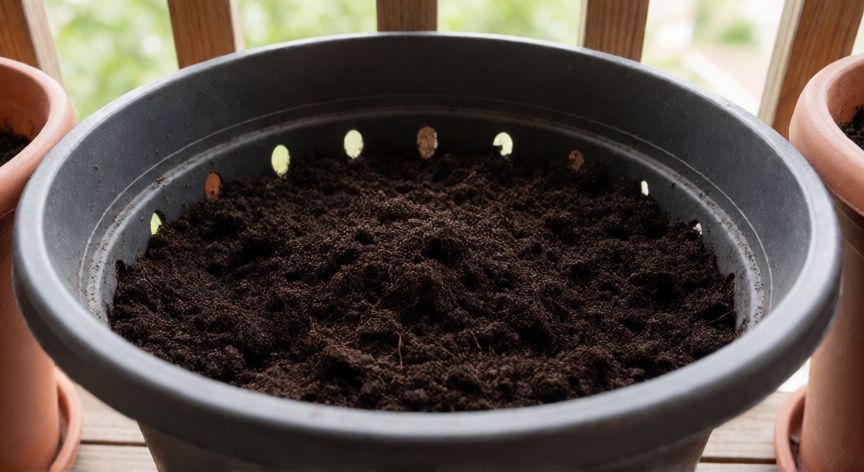 como plantar fresas en casa, Maceta ancha con sustrato listo para plantar fresas en un balcón