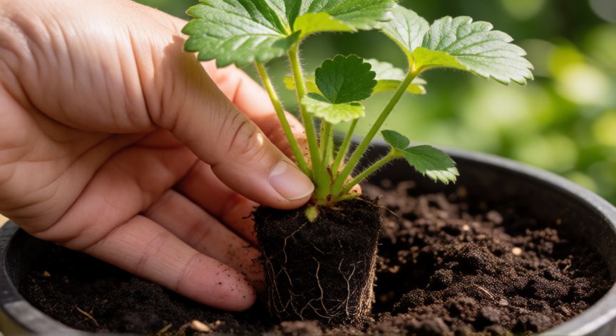 como plantar fresas en casa, Manos plantando una planta de fresa mostrando la altura correcta del collar de raíz