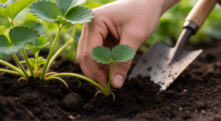 como plantar fresas en huerto, Manos plantando una fresa asegurando que el corazón de la planta quede a ras de tierra