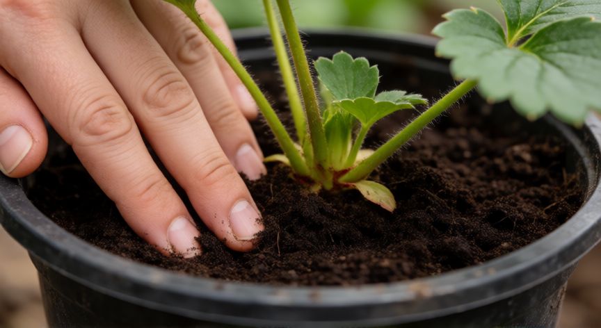 como plantar fresas en maceta, Mano plantando una fresa en maceta cuidando la profundidad