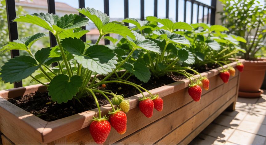 como plantar fresas en maceta, Jardinera de madera con fresas maduras en un balcón soleado
