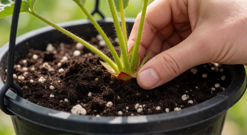 como plantar fresas en macetas colgantes, Manos plantando una fresa en maceta colgante mostrando la corona a ras