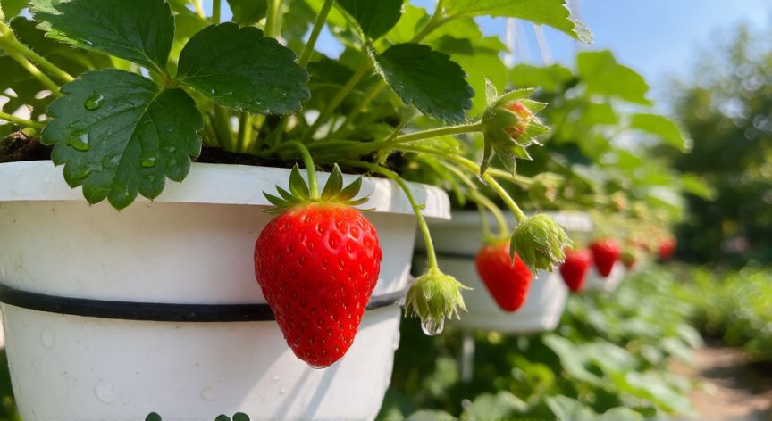 como plantar fresas en macetas colgantes, Fresa roja madura colgando de una maceta blanca al sol