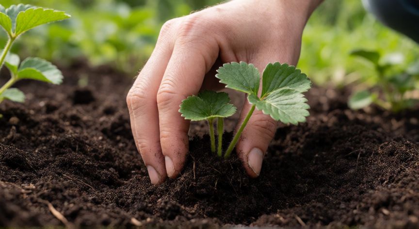 como plantar fresas en tierra, Manos plantando una plántula de fresa en tierra rica y preparada