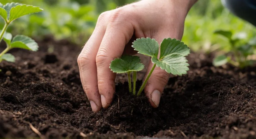 Manos plantando fresas en tierra fértil con guantes de jardín