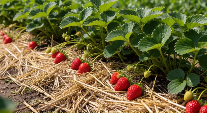 como plantar fresas en tierra, Fresas cultivadas en tierra con capa de paja como mantillo protector