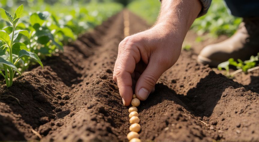 como plantar garbanzos, Manos plantando semillas de garbanzo en surcos de tierra