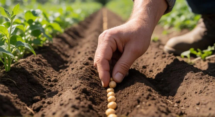 Manos sembrando garbanzos en hileras de tierra suelta con acolchado ligero