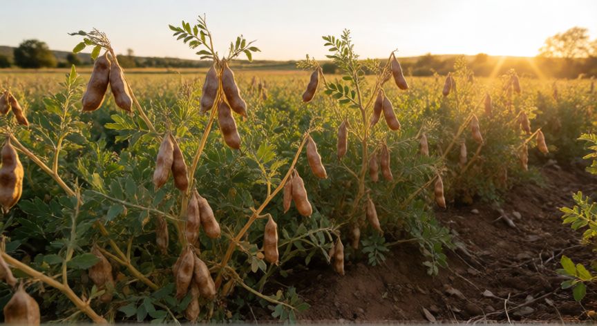 como plantar garbanzos, Plantas de garbanzo maduras con vainas secas listas para cosechar