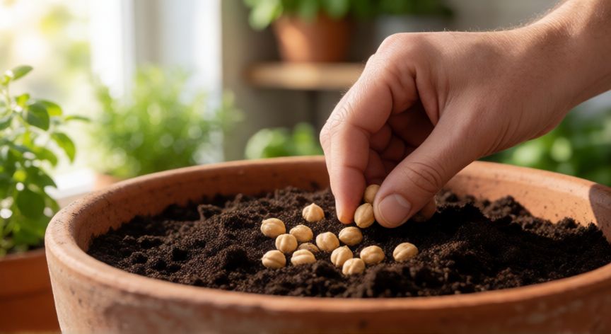 como plantar garbanzos en casa, Manos plantando semillas de garbanzo en una maceta con tierra fértil