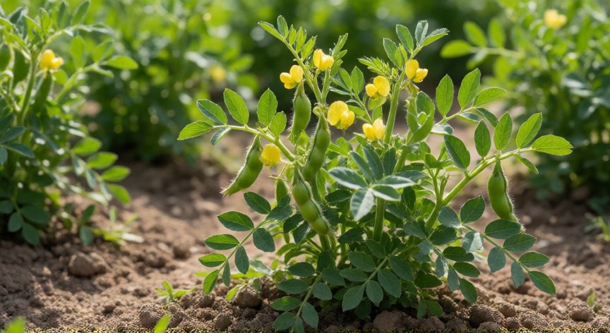 como plantar garbanzos en casa, Planta de garbanzo en flor con vainas verdes en el huerto