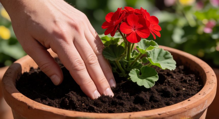 como plantar geranios, Manos plantando un geranio rojo en una maceta de barro con tierra fértil.