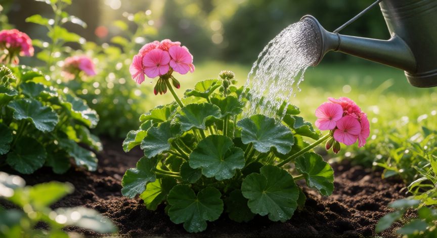 como plantar geranios, Regando un geranio rosado en un jardín soleado con una regadera.