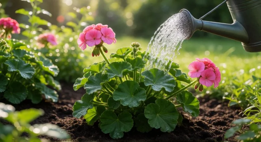 como plantar geranios, Manos plantando un geranio joven en un parterre de jardín con tierra fresca