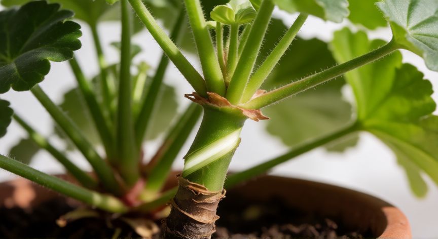 como plantar geranios por esquejes, Preparación del tallo de geranio para el esqueje con corte oblicuo