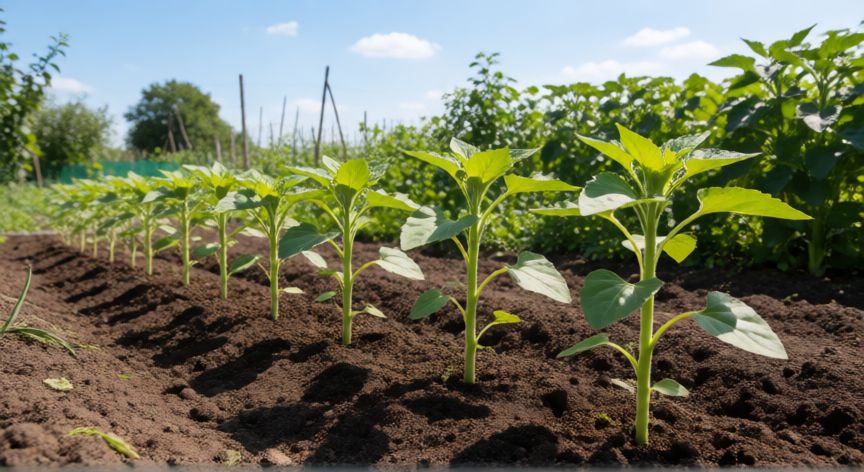 como plantar girasoles en el jardín, Jardín soleado con semillas de girasol recién plantadas en suelo preparado