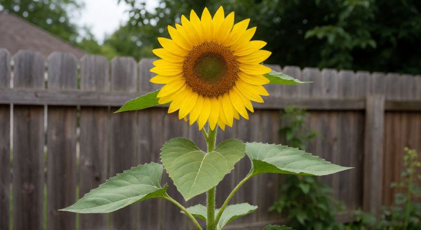 como plantar girasoles en el jardín, Girasol alto y sano con flor amarilla en un jardín doméstico con valla de madera