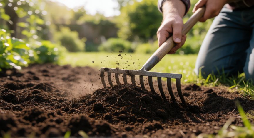 como plantar grama, Jardinero preparando el suelo con abono y rastrillo para plantar césped