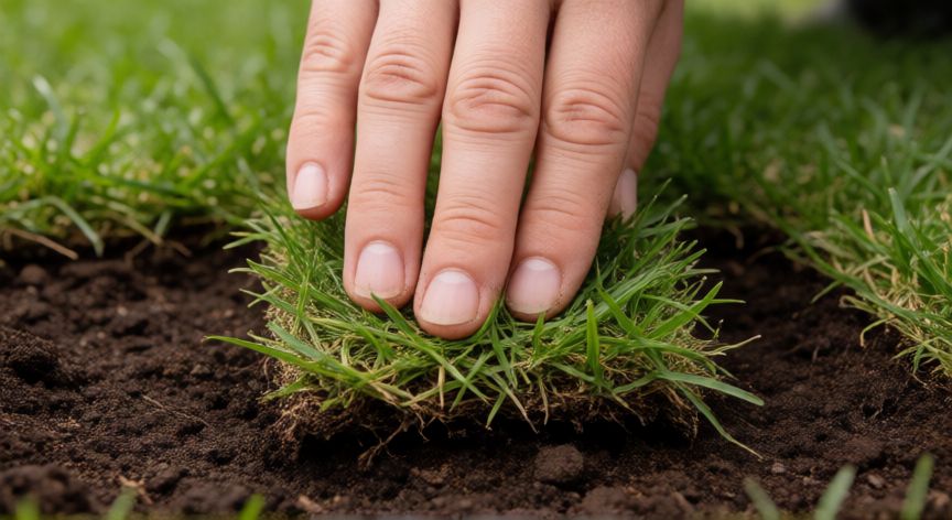 como plantar grama en esquejes, Manos plantando esquejes de grama en el suelo preparado