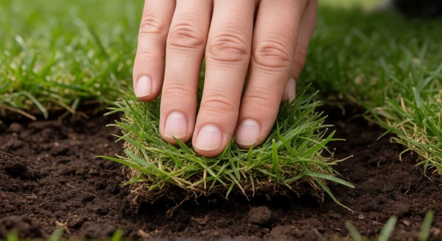 Manos plantando estolones de grama en la tierra recién labrada