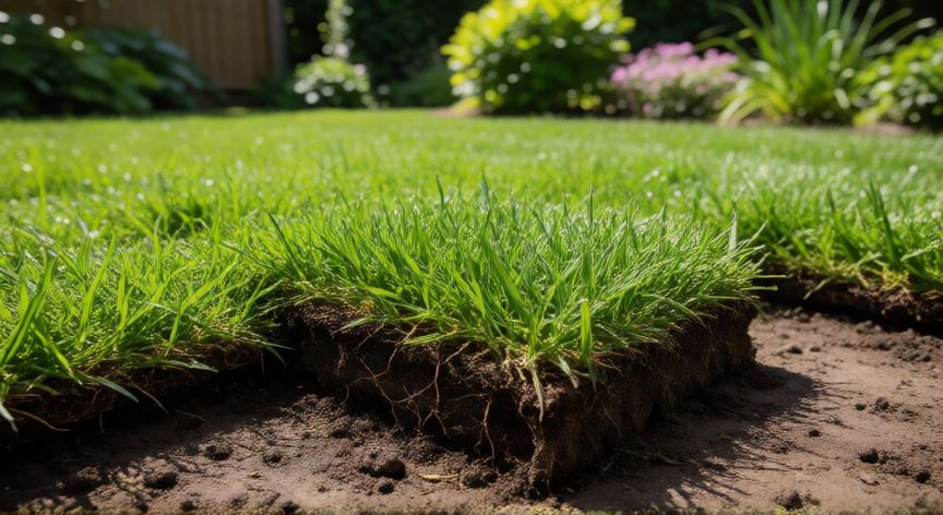 como plantar grama en esquejes, Césped verde creciendo desde esquejes recién plantados