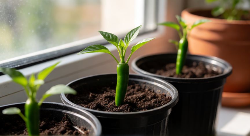 como plantar guindillas, Plántulas jóvenes de guindilla en macetas plásticas sobre una ventana soleada