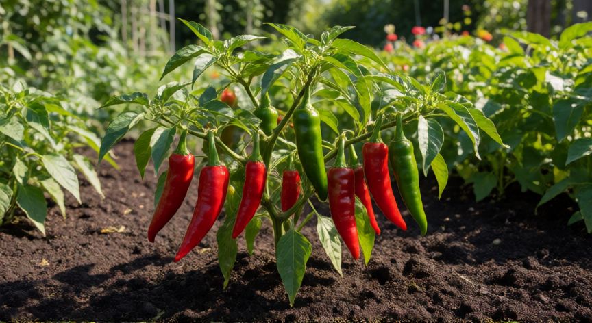 como plantar guindillas, Planta adulta de guindilla con frutos rojos y verdes en un huerto con suelo oscuro