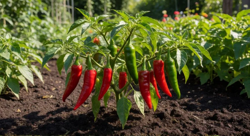 como plantar guindillas, Maceta con guindillas rojas maduras en una terraza soleada al amanecer