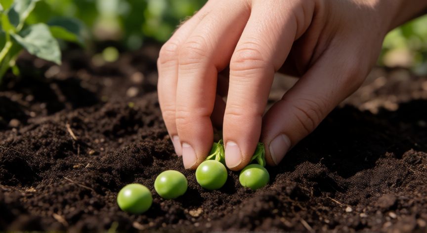 como plantar guisantes, Mano plantando semillas de guisante en suelo fértil del huerto