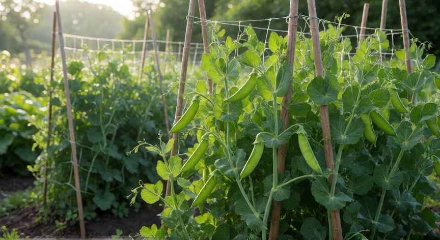 como plantar guisantes, Plantas de guisante trepando por estacas de madera con vainas verdes maduras