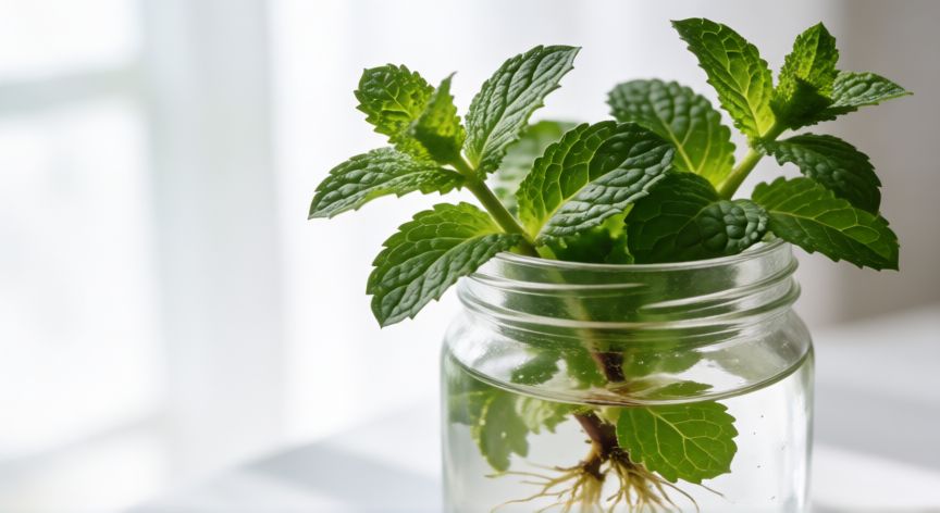 como plantar hierbabuena, Esquejes de hierbabuena enraizando en agua