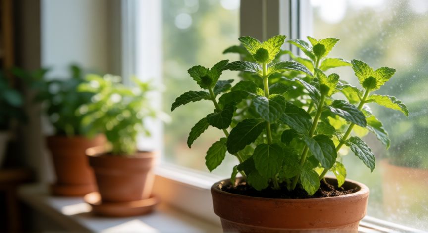 como plantar hierbabuena, Maceta de hierbabuena saludable en una ventana con luz natural