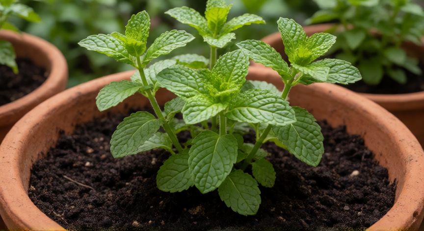como plantar hierbabuena en maceta, Planta de hierbabuena sana en maceta de terracota con suelo oscuro