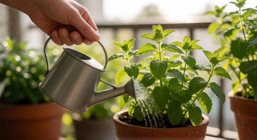como plantar hierbabuena en maceta, Manos regando una maceta de hierbabuena con luz de mañana en un balcón