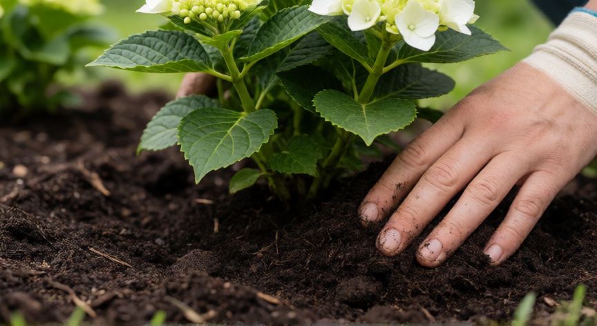 como plantar hortensias, Manos plantando una hortensia en tierra rica con compost