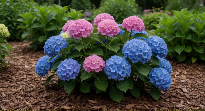 como plantar hortensias, Hortensia en flor con acolchado de corteza de madera en el jardín
